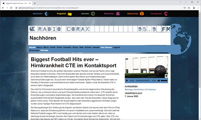 Radio Corax: Biggest Football Hits ever – Hirnkrankheit CTE im Kontaktsport